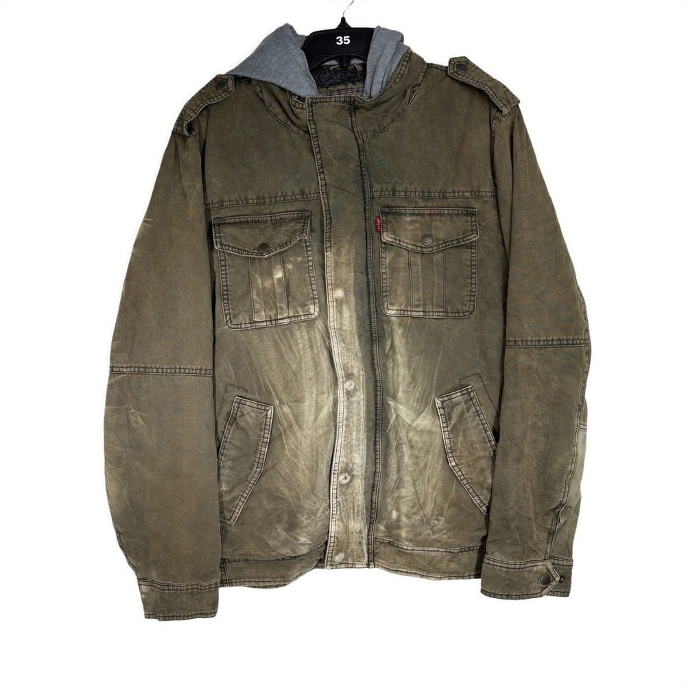 Levis Work Jacket‎ Mens Medium Olive Green Distressed Hooded Canvas Coat Good
